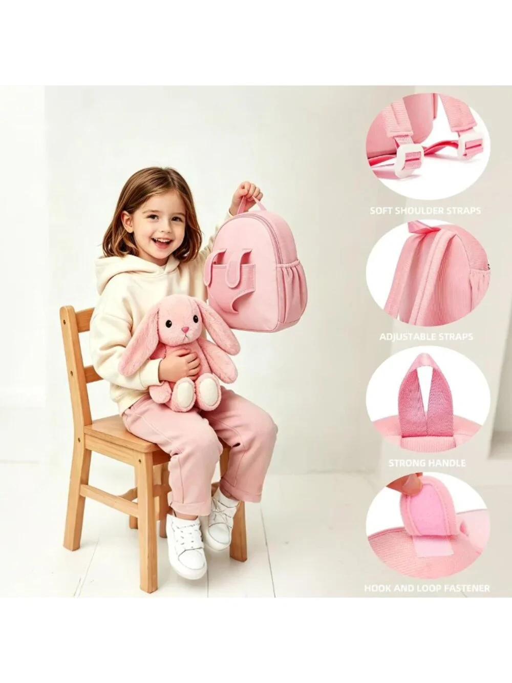 Soft Pink Bunny Toddler Backpack with Removable Plush Cuddle Buddy, Perfect Gift